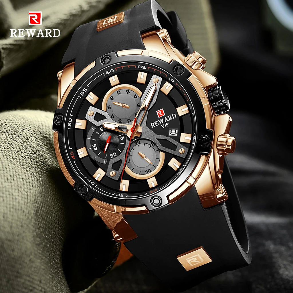 REWARD Luxury Sport Men Quartz Watch Man Wristwatch Chronograph Silicone Strap Waterproof Luminous Hands Date Men's Watches
