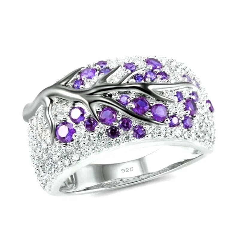 S925 Silver Plated Plum Blossom Ring for Women Classic Stainless Steel Diamond Inlay Oil Drawing Lady's Jewelry Size 6-11