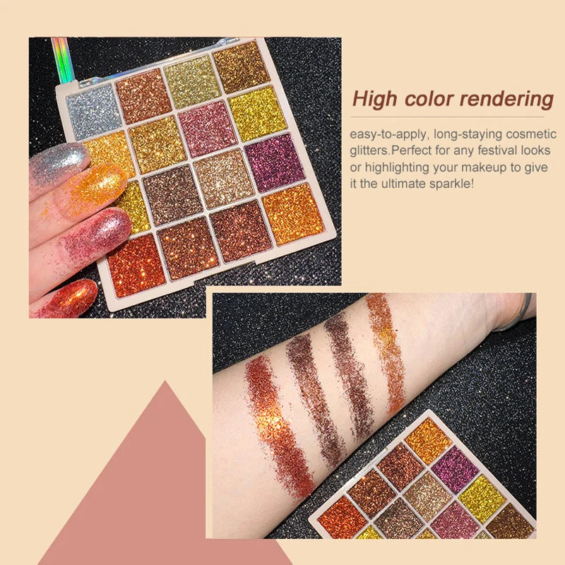16 Colors Ultra Sparkle Glitter Eyeshadow Palette Waterproof Long-Lasting Highly Pigmented Shimmer Makeup,Party Cosmetics mbzr