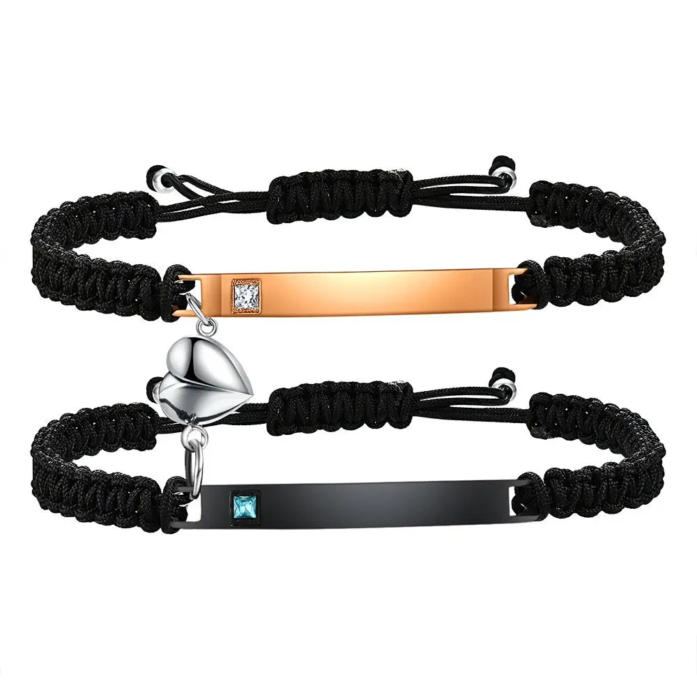 Fashion Custom Couple Stainless Steel Bracelet Set Black Woven Heart Magnetic Suction Diamond Inlaid Bracelet for Women Jewelry