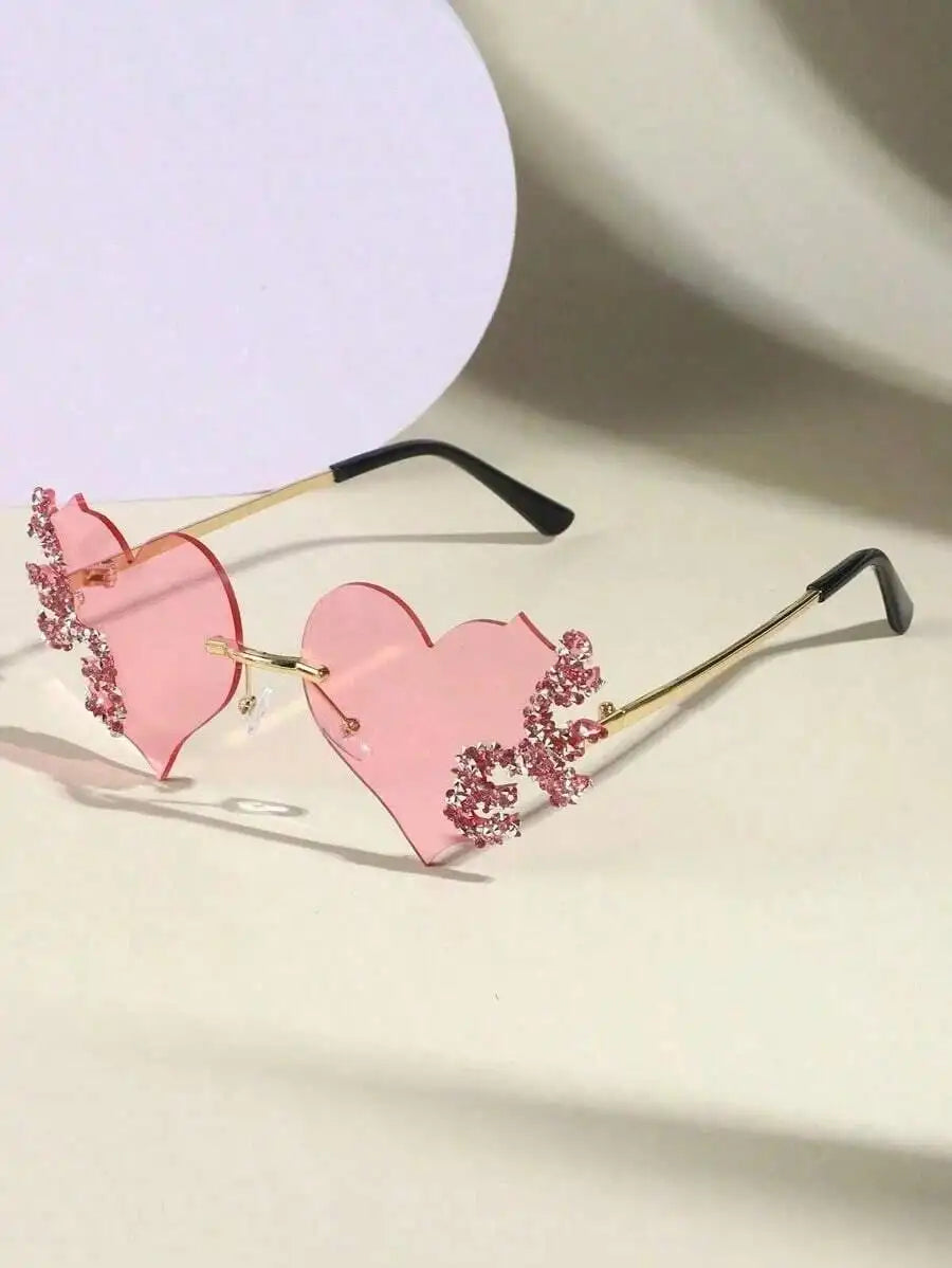 1Pc Y2K Retro Frameless Rhinestone Flame Fashion Glasses For Women, Sparkle Sunshade Beach Accessories & Valentine's Day Gifts mbzr