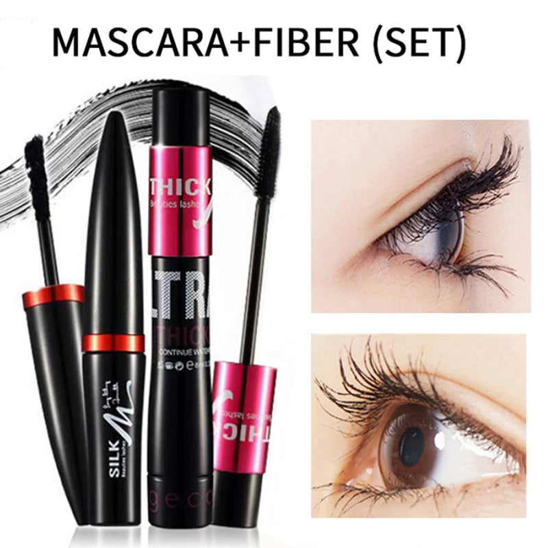 Gecomo Silk Fiber Eyelash Gel Double Tube Set - 24H Waterproof Smudge-proof Thick Volumizing Lengthening No Clumping Mascara mbzr
