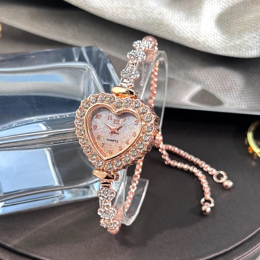 New Fashion Heart-shaped Ribbon-Strap Diamond-Studded Flower Watch for Women with Adjustable Bracelet mbzr