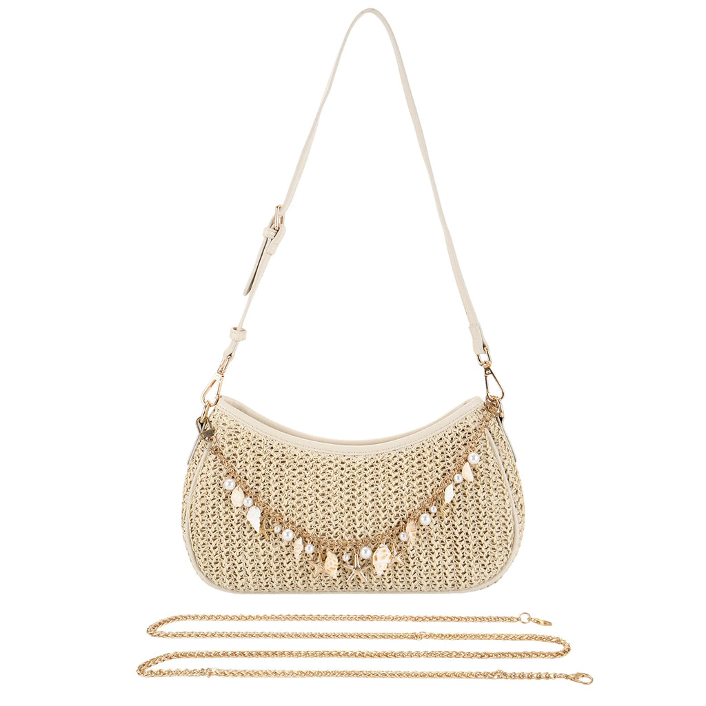 Bohemian Summer Straw Shoulder Bag with Ocean Shell, Starfish for Women Beach Vacation & Tropical Getaways Wrapped Handbags Ladies Handheld Crossbody Bags Totes mbzr