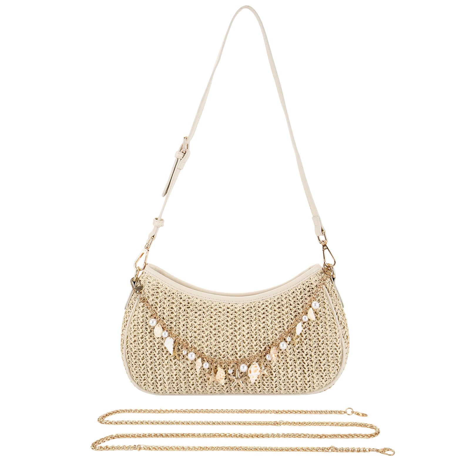 Bohemian Summer Straw Shoulder Bag with Ocean Shell, Starfish for Women Beach Vacation & Tropical Getaways Wrapped Handbags Ladies Handheld Crossbody Bags Totes mbzr