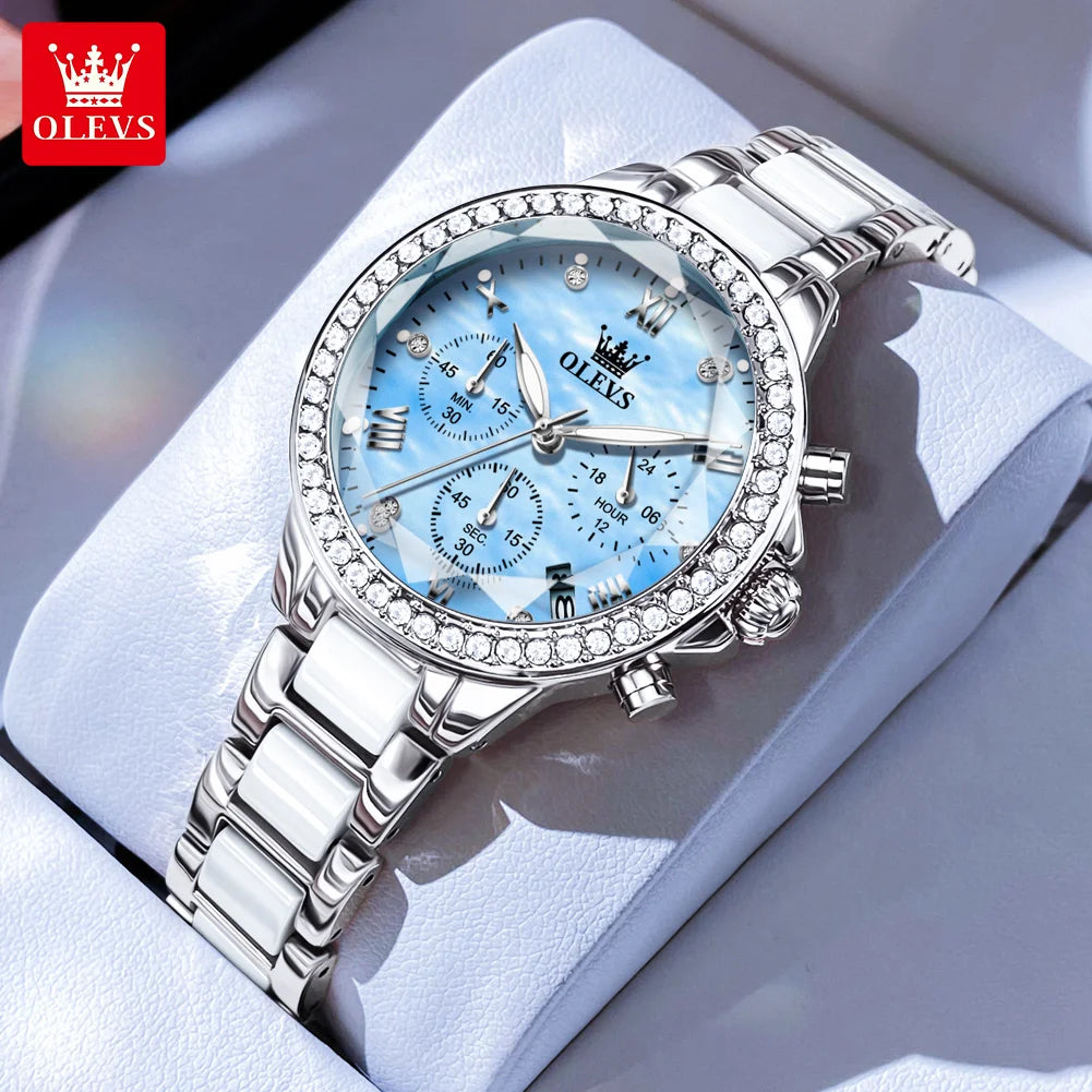 OLEVS 9999 Luxury Diamond Women Watch Fashion Blue Dial Stainless Steel Ceramic Strap Quartz Wristwatch Waterproof Calendar Window Watch