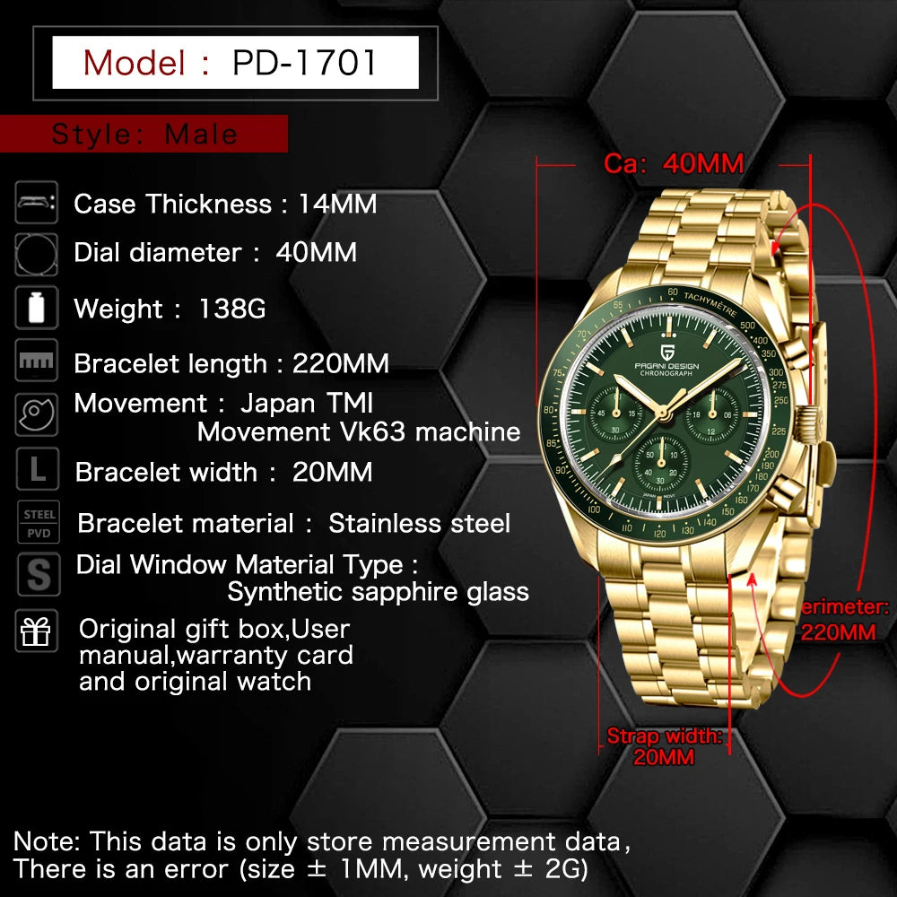 2026 New Classic Men Watch PAGANI DESIGN Luxury Quartz Watch For Men Automatic Date Speed Sport Chronograph AR Sapphire crystal Stainless steel Wristwatch Men EU Local Shipping