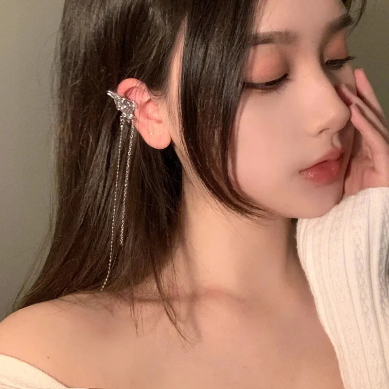 2026 Fashion Butterfly Ear Clips Women's Ear Piercing Tassel Ear Bone Clips Niche Feeling Wings Ear Hanging Ear Bone Earrings