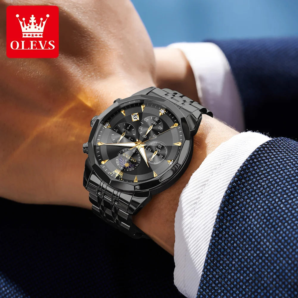 OLEVS 3673 Original Fashion Moon Phase Men's Watches Waterproof Chronograph Quartz Watch Stainless steel Calendar Wristwatch mbzr