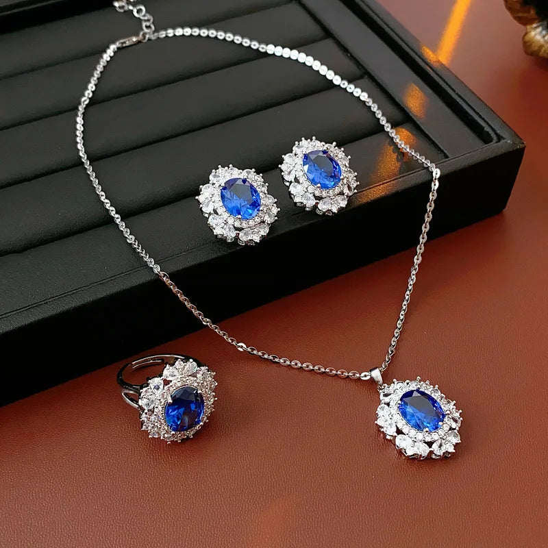 Medium Vintage Inlaid Rhinestone Three-piece Jewelry Set Oval Ring Earring Light Luxury Fashion Necklace Accessories Set mbzr