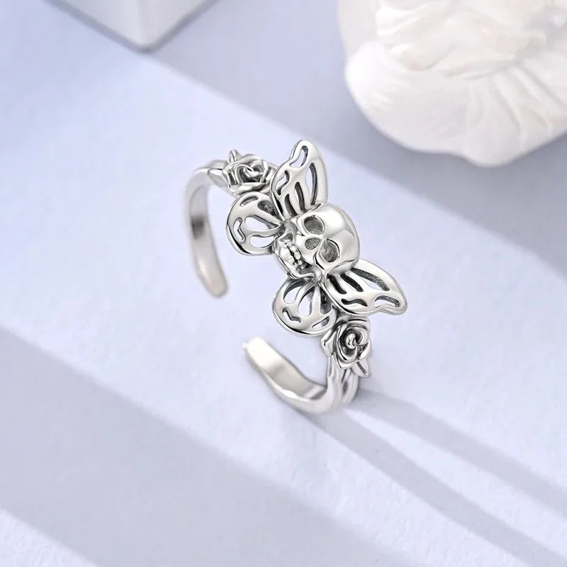 Retro-Style 925 Sterling Silver Open Ring – Hollow Skull & Butterfly, Punk Jewelry Accessory for Women mbzr