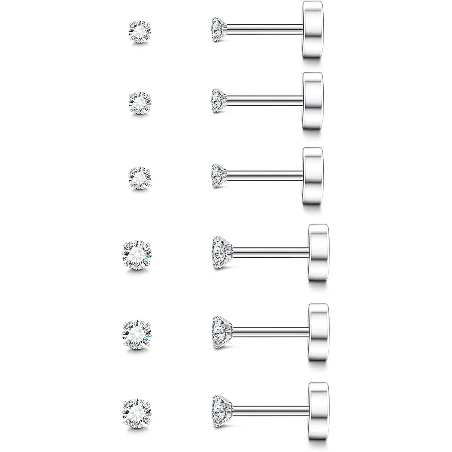 20G Hypoallergenic Flat Back Earrings for Women Men Silver Plated14K Gold-plated Stainless Steel Stud Earrings Brithstone Cubic Zirconia Studs Surgical Steel Cartilage Earrings for Sensitive Ears