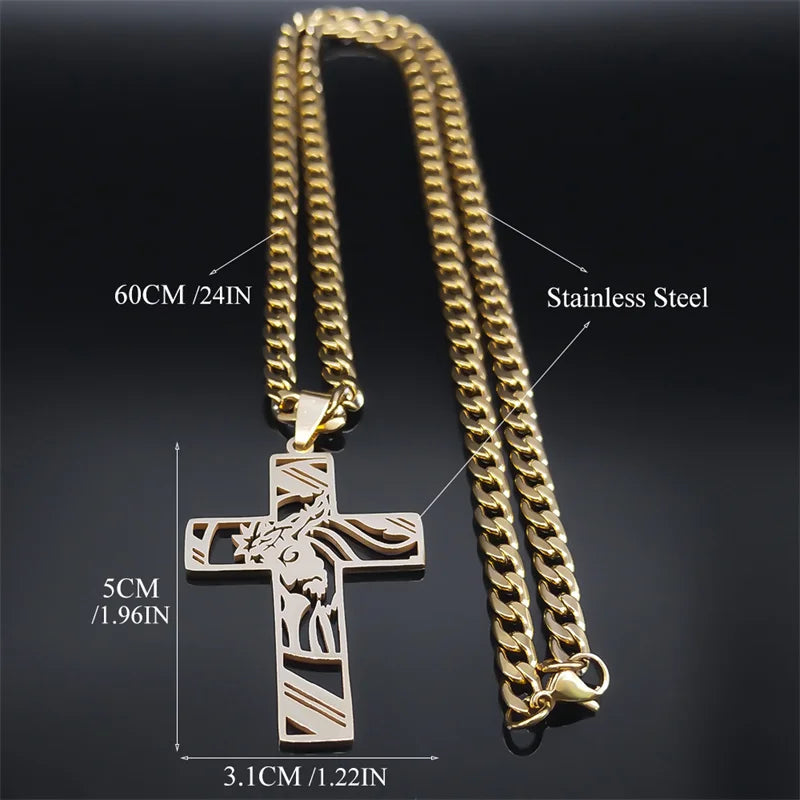 Crown of Thorns Jesus Cross Necklace Stainless Steel Gold Plated Crucifix Pendant Necklaces Jewelry