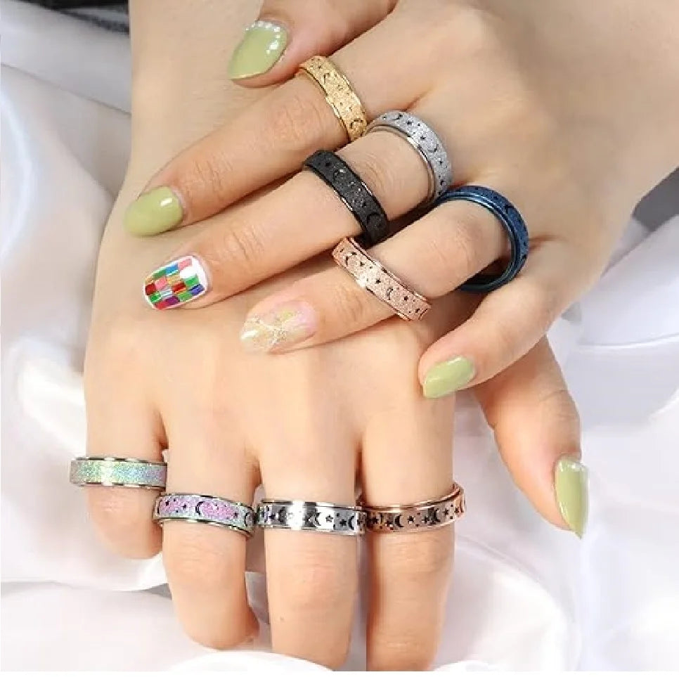 Unique Spinning Ring for Men - Rotating Moon and Star Design with Stainless Steel Ends
