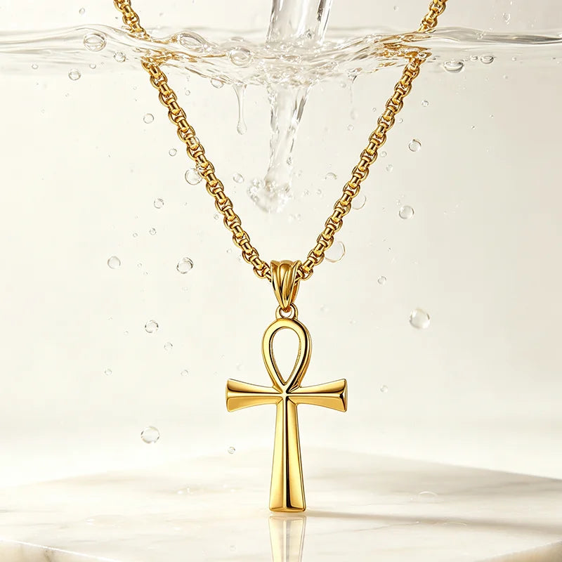 Egyptian Ankh Cross Pendant Necklace for Men Women, Stainless Steel Box Chain Ankh Symbol Necklace, Waterproof Hypoallergenic Non Tarnish Ancient Egypt Life Symbol Jewelry Gift