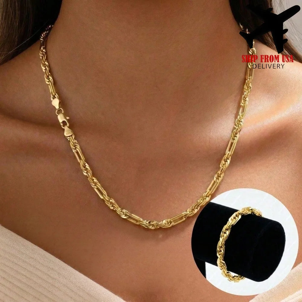 2pcs Men's Miami Cuban Link Chain Necklace and Bracelet Set, 14K Gold Plated Stainless Steel Milano Rope Chain Jewelry, Waterproof Anti-Tarnish Hypoallergenic Shiny Hip Hop Gift for Daily Wear