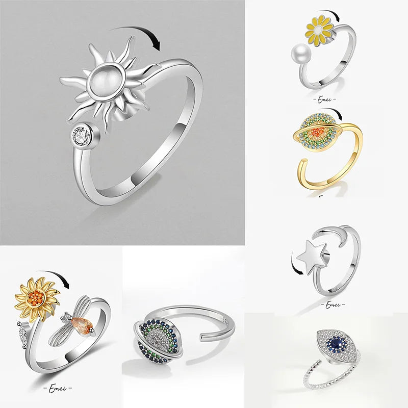 Anti Stress Anxiety Fidget Rings for Women Satinless Steel Spinner Sunflower Sun Star Ring Trendy Jewelry