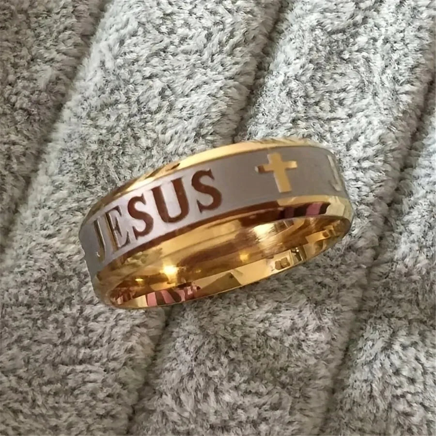 1pc Large Size 8mm 316 Titanium Steel 18K Silver Plated Gold Plated Jesus Cross Letter Bible Wedding Ring