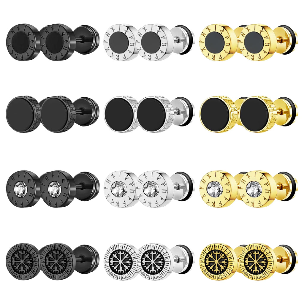BONISKISS Men's Viking stainless steel earrings Nordic style compass rune embellished punk earrings set jewelry gift