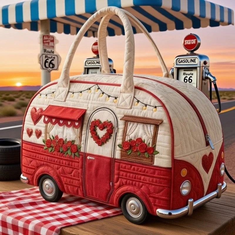 Vintage RV-style handbag, fashionable printed red rose heart design, large-capacity vacation travel beach bag, commuter tote bag for women, short-trip gym bag, multifunctional short-trip travel sports bag mbzr