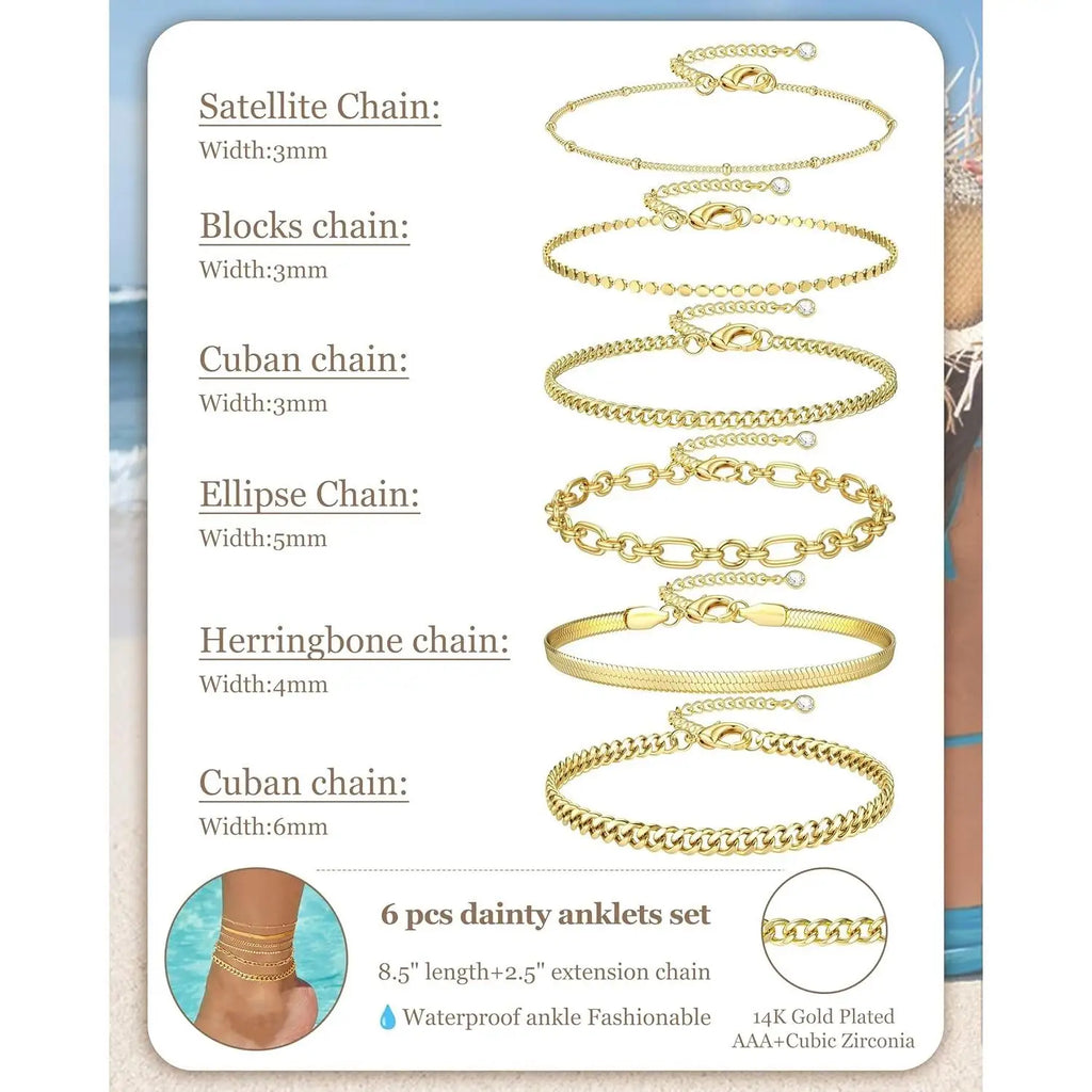 6PCS Ankle Bracelets for Women 14K Gold-plated  Anklets Stainless Steel Cuban Link Chain Anklet Set Layered Beach Jewelry Gift