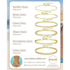 6PCS Ankle Bracelets for Women 14K Gold-plated  Anklets Stainless Steel Cuban Link Chain Anklet Set Layered Beach Jewelry Gift