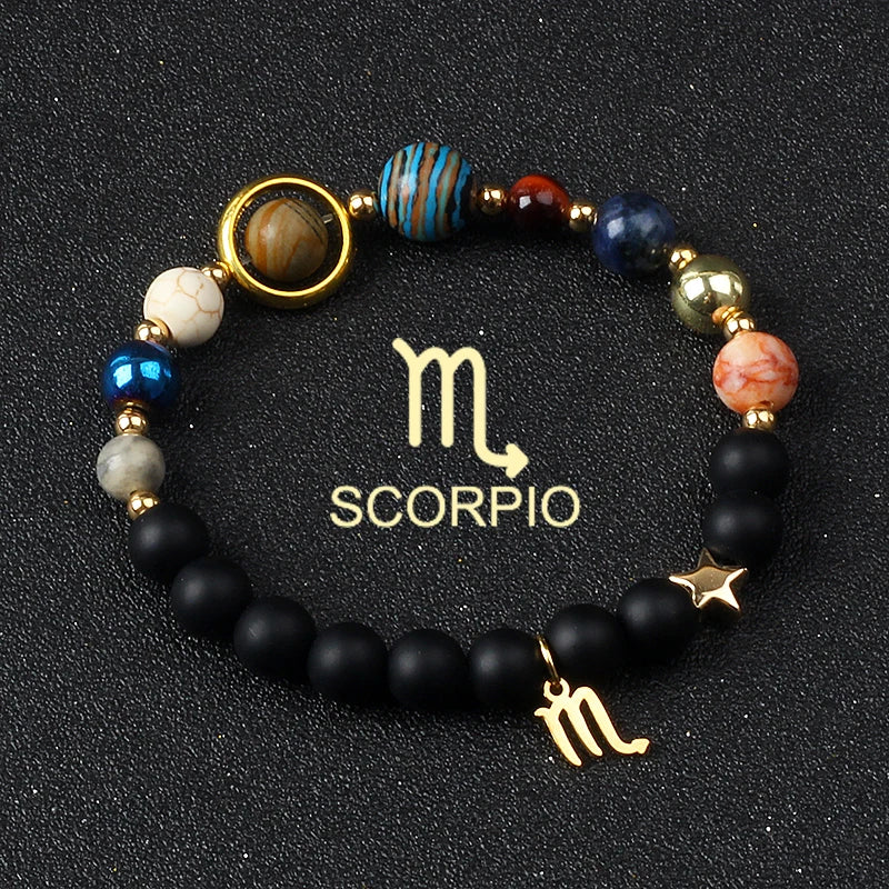 Universe Galaxy Eight Planets 12 Constellation Bracelets for Women Natural Stone Solar System Bracelets Libra Virgo Leo Jewelry
