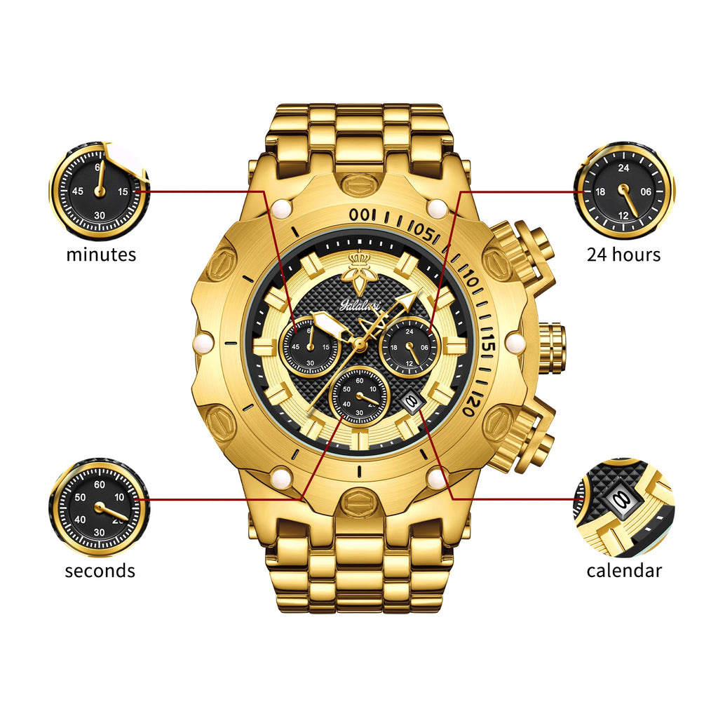 YaLaLuSi Men's Fashion Waterproof Sport Watch Gold Strap Luxury Multifunctional Atmospheric Dial Practical Free Shipping mbzr