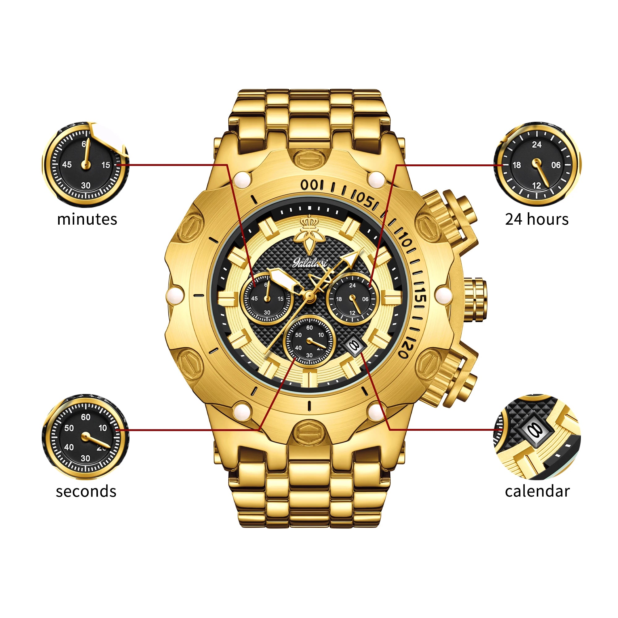 YaLaLuSi Men's Fashion Waterproof Sport Watch Gold Strap Luxury Multifunctional Atmospheric Dial Practical Free Shipping mbzr