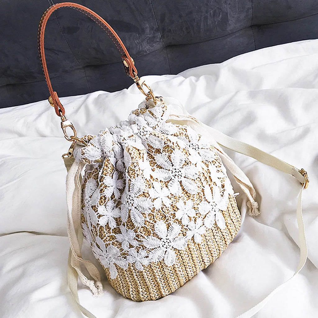 Summer Straw Weave Woven Handbag Women Fashion Bucket Bag Causal Holiday Beach Bag Elegant floral Lace Shoulder Crossbody Bag 2026 mbzr