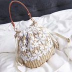 Summer Straw Weave Woven Handbag Women Fashion Bucket Bag Causal Holiday Beach Bag Elegant floral Lace Shoulder Crossbody Bag 2026 mbzr