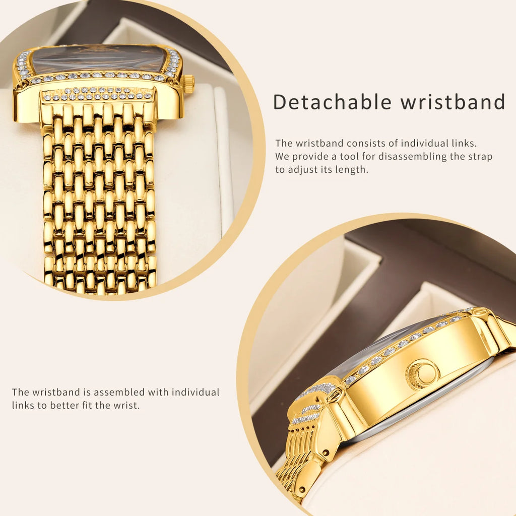 YaLaLuSi Tonneau Square Full Rhinestone Women Watch Black  Dial Double Halo Crystal Bezel Multi-Row Gold Link Bracelet Ladies Quartz Dress Wristwatch