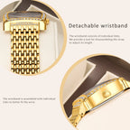 YaLaLuSi Tonneau Square Full Rhinestone Women Watch Black  Dial Double Halo Crystal Bezel Multi-Row Gold Link Bracelet Ladies Quartz Dress Wristwatch