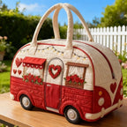 Vintage RV-style handbag, fashionable printed red rose heart design, large-capacity vacation travel beach bag, commuter tote bag for women, short-trip gym bag, multifunctional short-trip travel sports bag mbzr