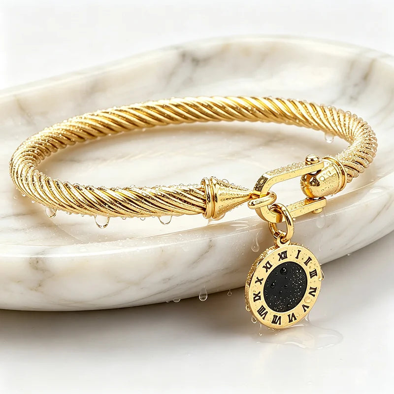 316L Stainless Steel Twisted Cable Bangle Roman Numeral Pendant Round Charm Bracelet Waterproof Hypoallergenic Fade Resistant Women Jewelry