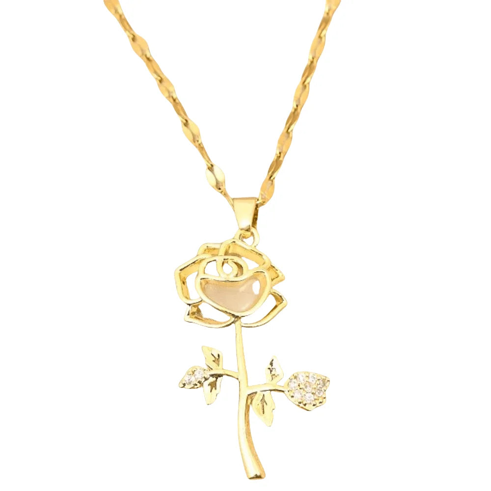 1pc romantic rose pendant necklace elegant-inlaid with titanium stainless steel chain delicate flower jewelry ladies Valentine's Day gift daily stacking.