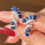 Dainty Silver Color Blue Crystal Feather Ear Climbers Trendy Pear Cut Zirconia Crawler Earrings Daily Wear Fine Jewelry Anniversary Gift