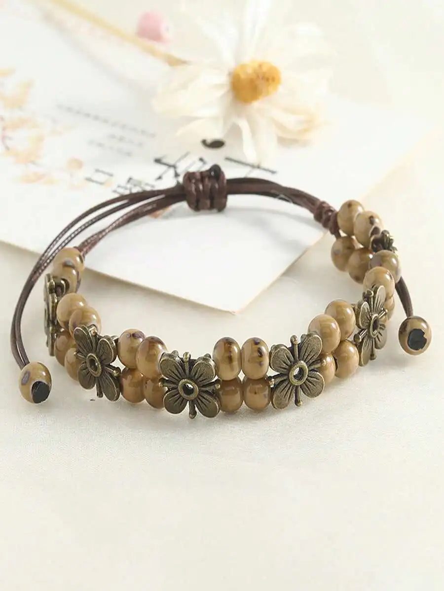 1Pc Vintage Bohemian Woven Leather Cord Bracelet For Women Girls, Handmade Colorful Beaded Bracelet With Flower Pendant Adjustable Knot, Boho Jewelry For Daily Party Dating Holiday Gift Accessory