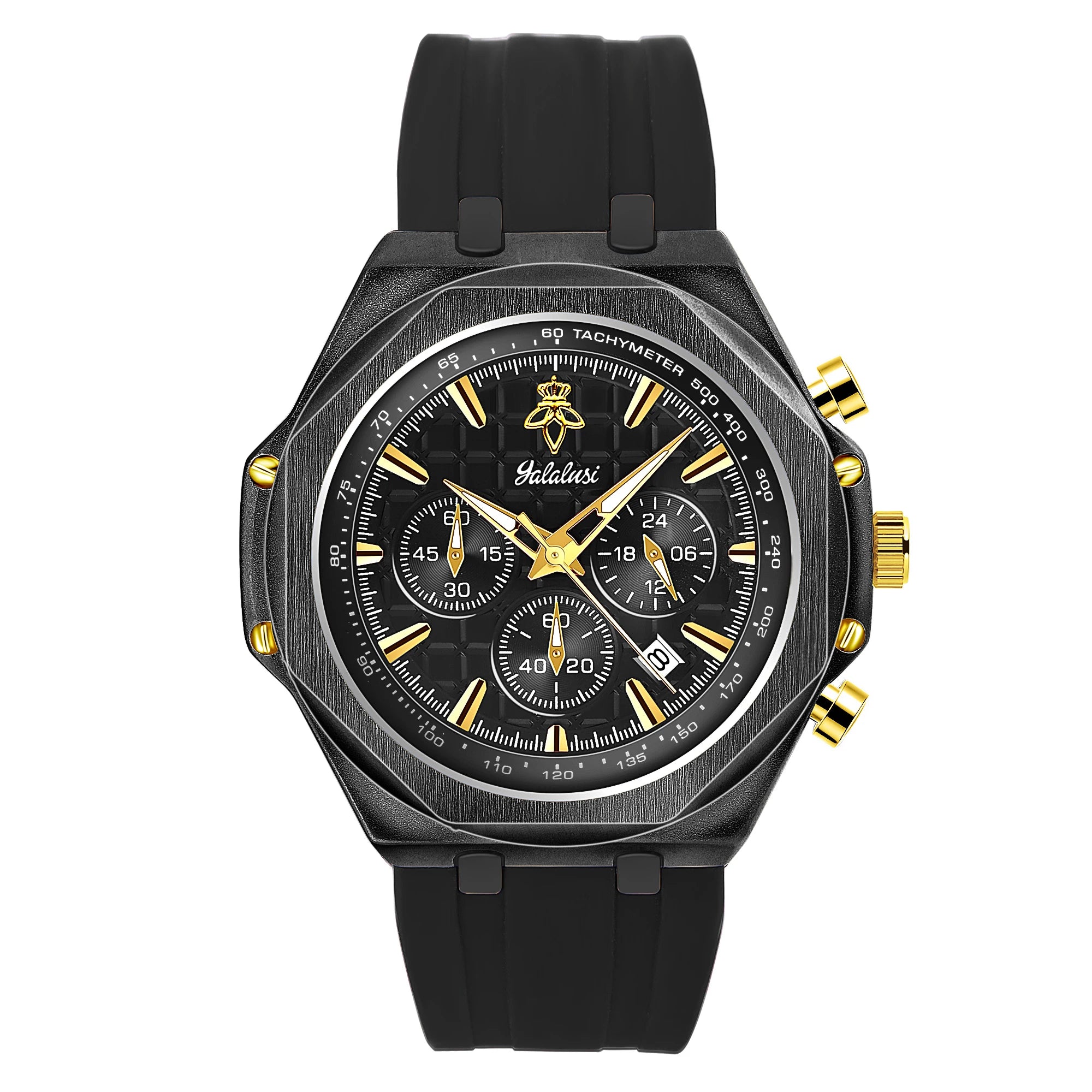 YaLaLuSi Octagon Gold Case Men Chronograph Watch Burgundy Red Grid Dial Silicone Strap Tachymeter Multi Sub Dial Date Waterproof Sports Quartz Wristwatch