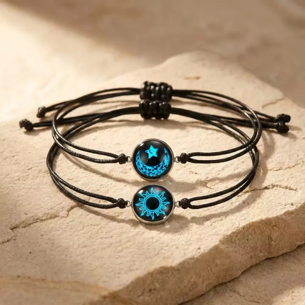 Adjustable Handmade Braided Rope Couple Bracelets Glow In The Dark Sun Moon Glass Bead Wrist Jewelry Casual Fashion Matching Accessories