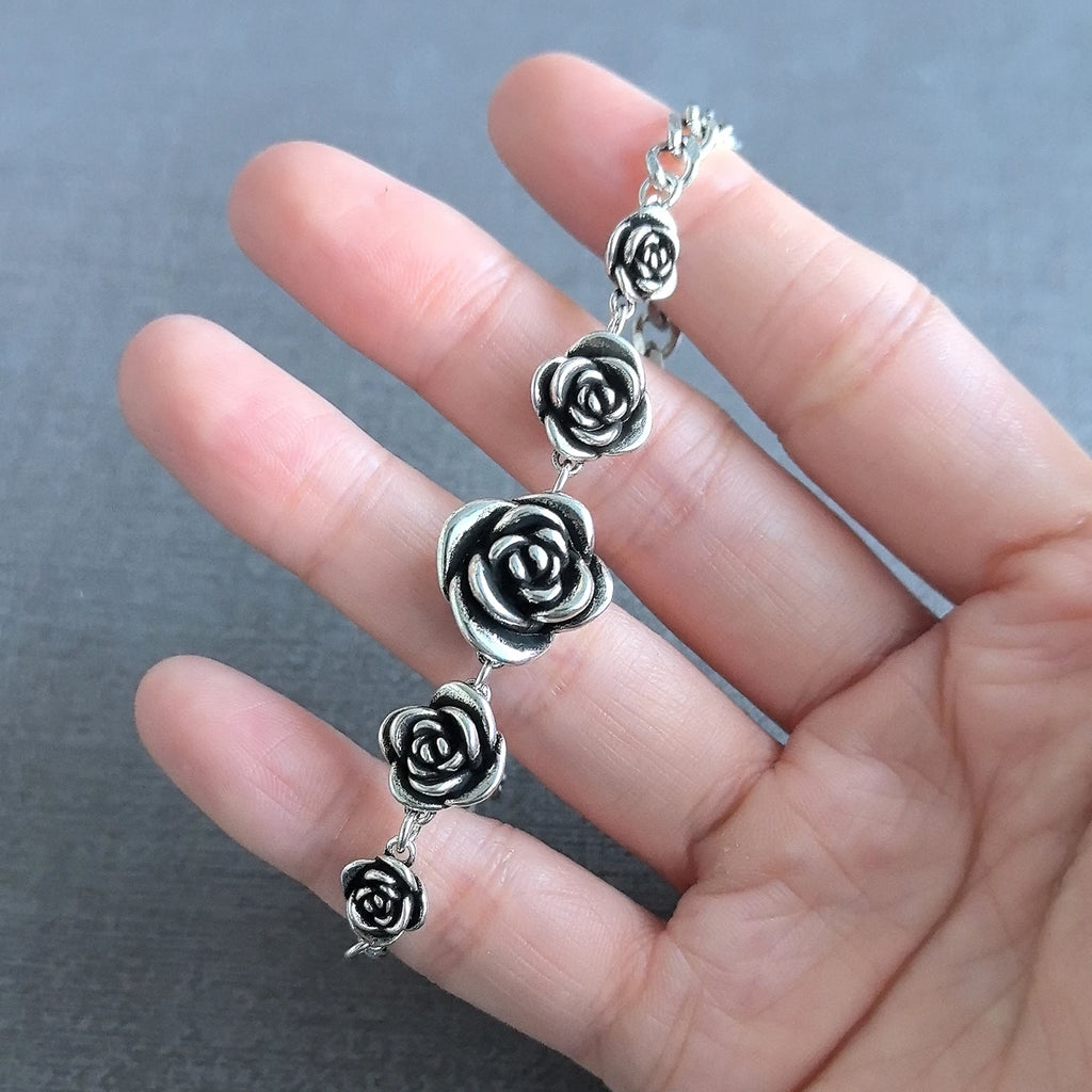 925 Sterling Silver Bracelet Rose Flower Linked Vintage Punk Adjustable Chain For Woman Girl Jewelry Gift Dropship Wholesale