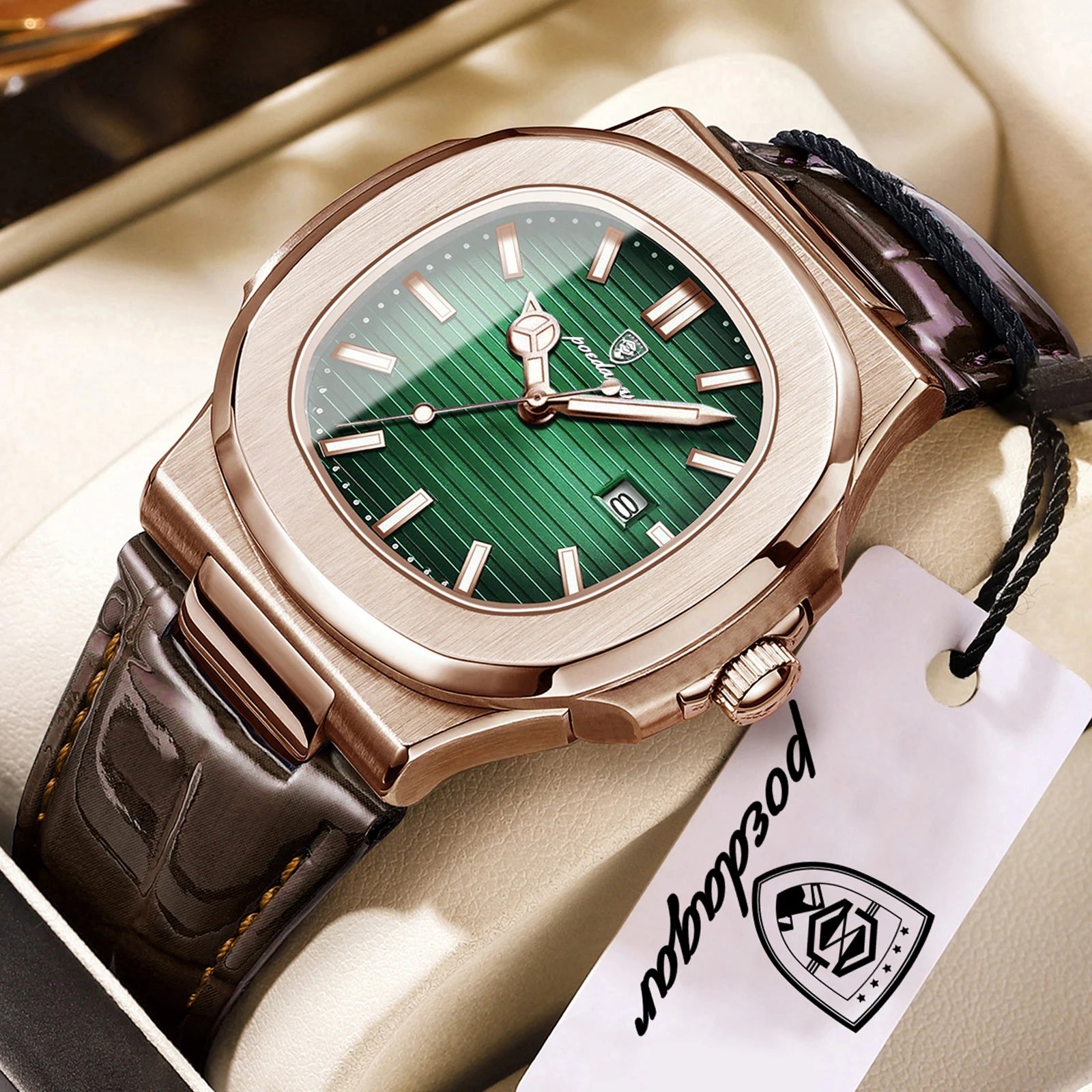 POEDAGAR Top Square Man Watch Date Waterproof Luminous Luxury Men Wristwatch High Quality Leather Men's Quartz Watches+Box Reloj mbzr