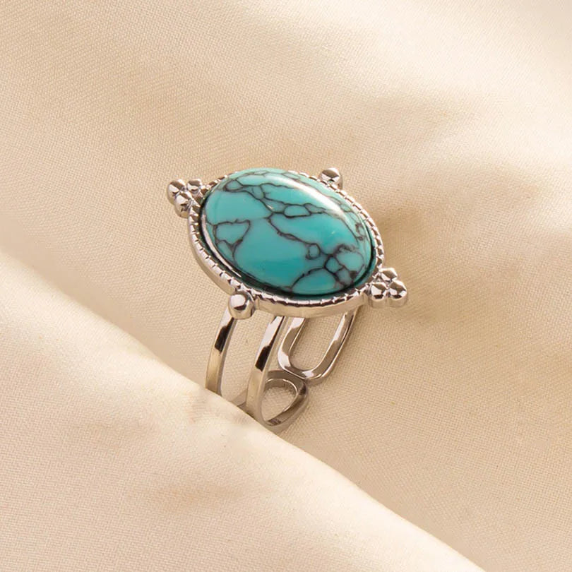 1pc Stainless Steel Boho Turquoise Open Finger Rings Trendy Adjustable Women Multi Layers Stackable