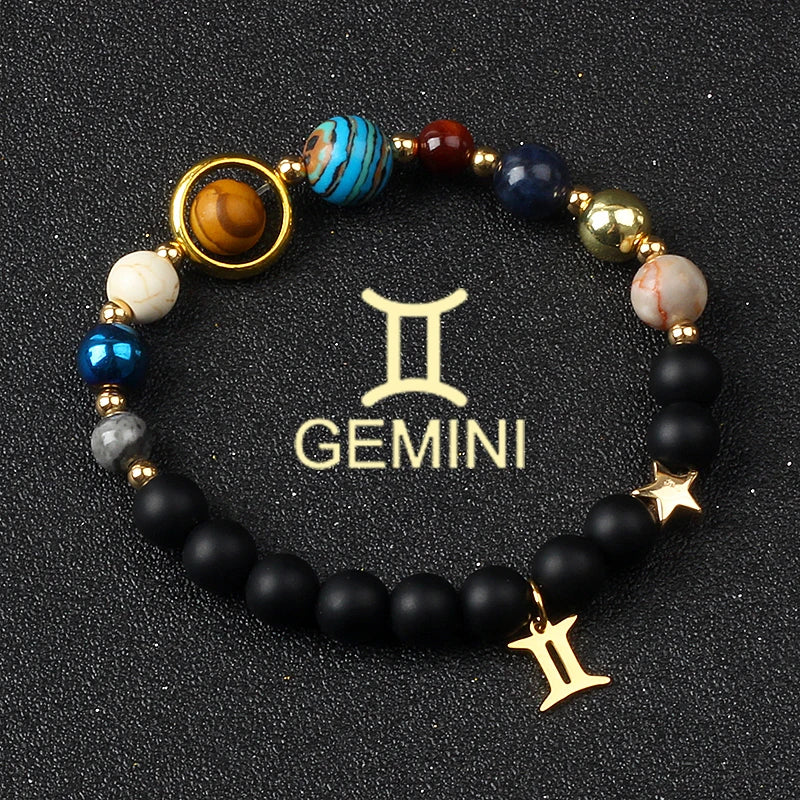 Universe Galaxy Eight Planets 12 Constellation Bracelets for Women Natural Stone Solar System Bracelets Libra Virgo Leo Jewelry