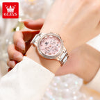 OLEVS 9999 Luxury Diamond Women Watch Fashion Blue Dial Stainless Steel Ceramic Strap Quartz Wristwatch Waterproof Calendar Window Watch