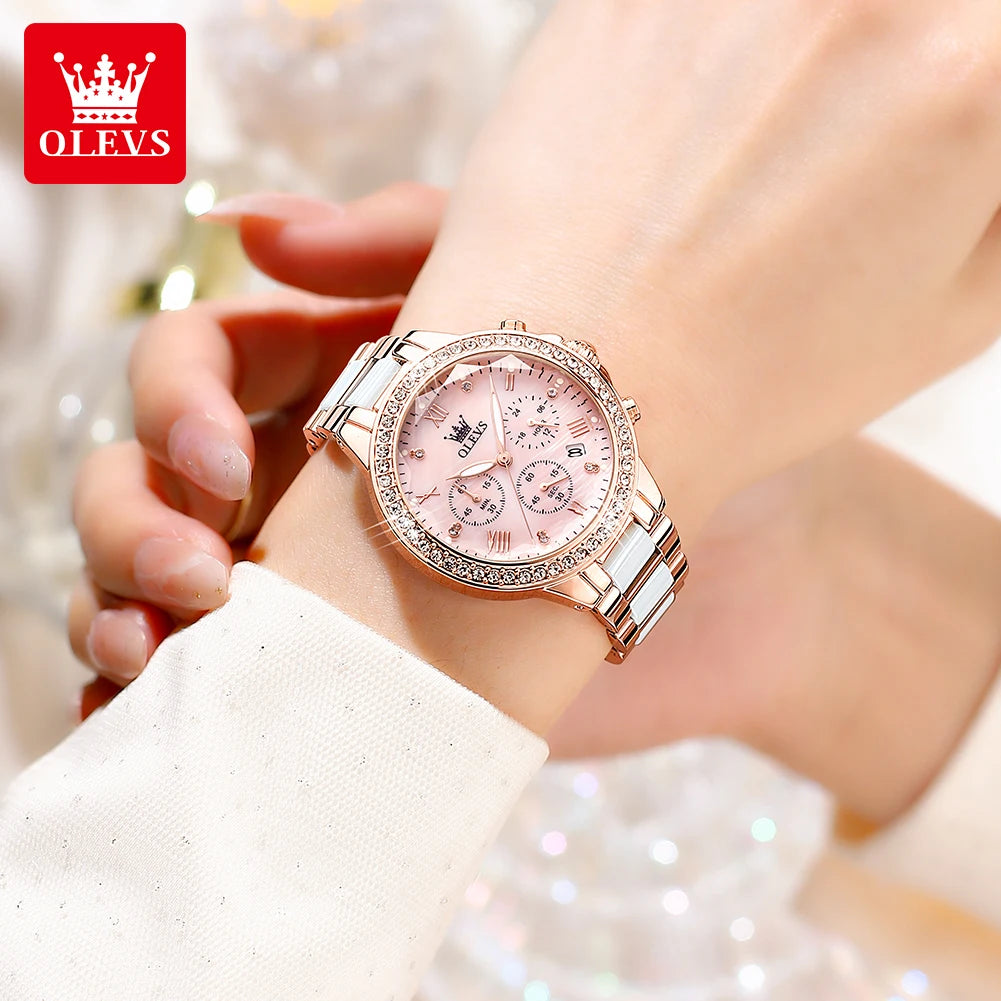 OLEVS 9999 Luxury Diamond Women Watch Fashion Blue Dial Stainless Steel Ceramic Strap Quartz Wristwatch Waterproof Calendar Window Watch