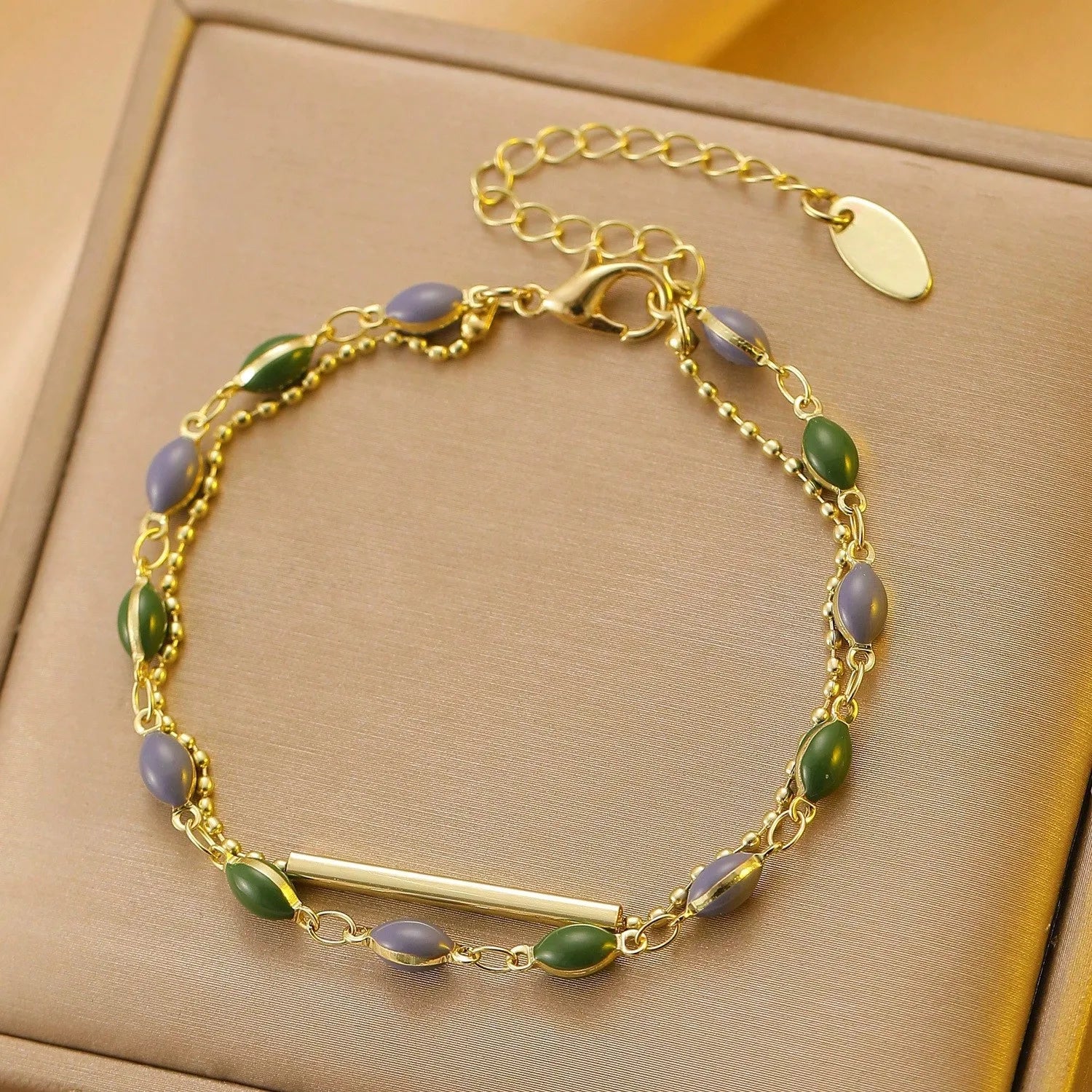 Gold Plated Green Stone Bead Bracelet Women Layered Bar Charm Bangle Minimalist Daily Party Jewelry mbzr