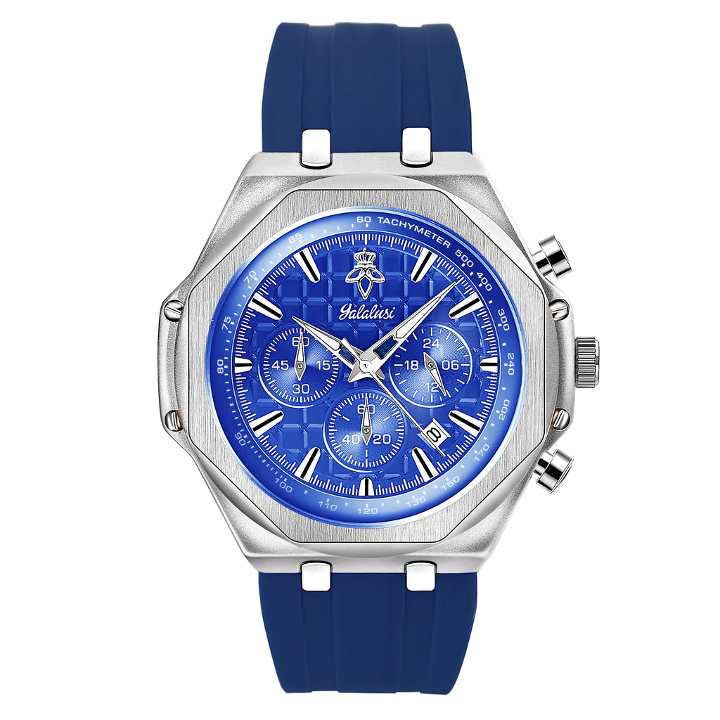 YaLaLuSi Silver Octagon Blue Chronograph Men Watch Tachymeter Silicone Strap Sport Quartz Wristwatch With Gift Box