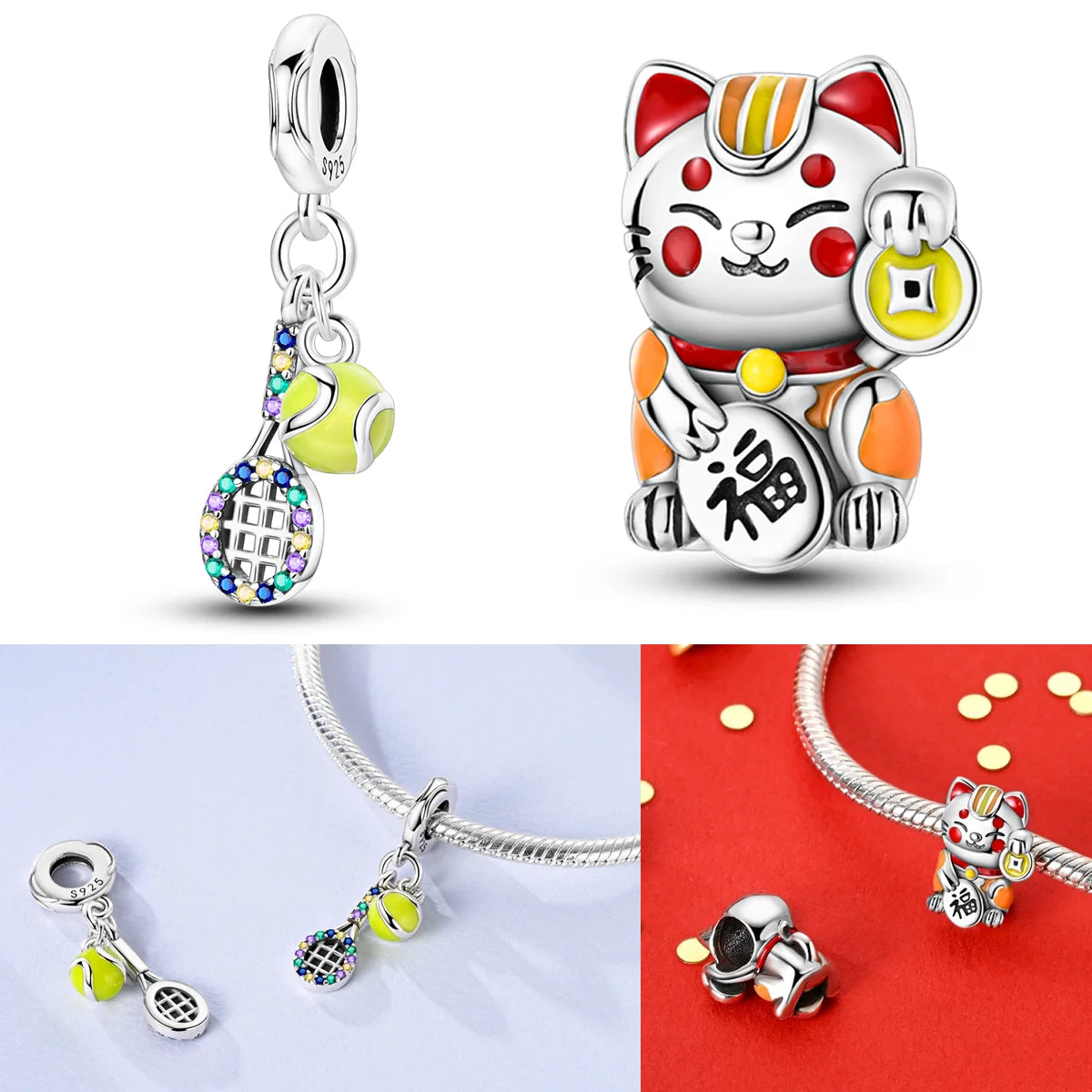 925 Sterling Silver Cute Money Catching Cat Charms Bead Tennis Racket and Ball Pendants Fit Original Bracelet DIY Jewelry Gift mbzr
