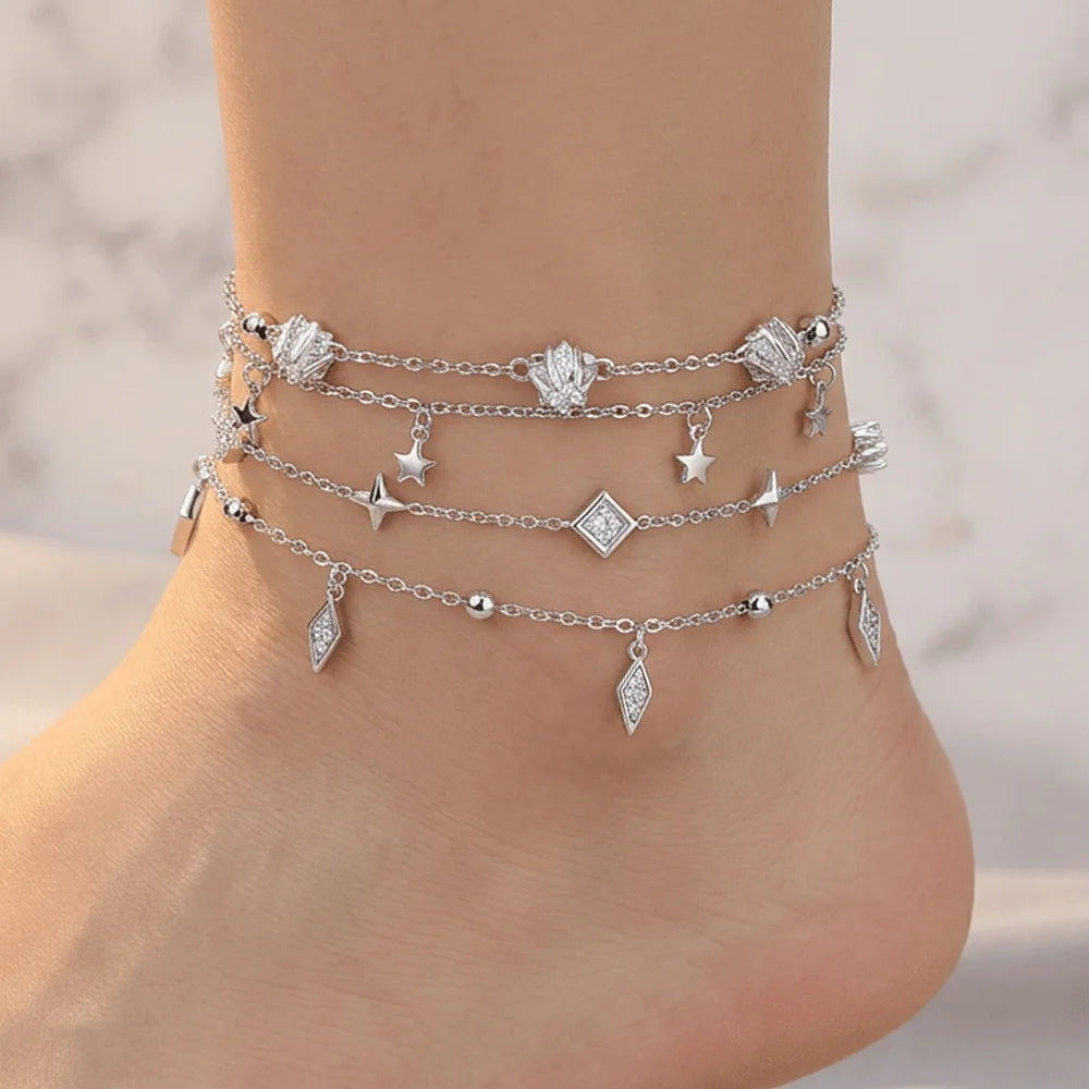 Layered Starfish Pearl Drop Charm Anklet for Women Foot Chain